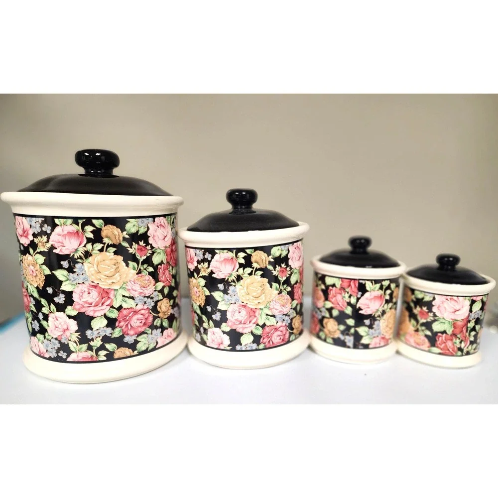 Jay Imports Co. Victorian Chintz Stoneware  4 Canister's with  lids  NIB